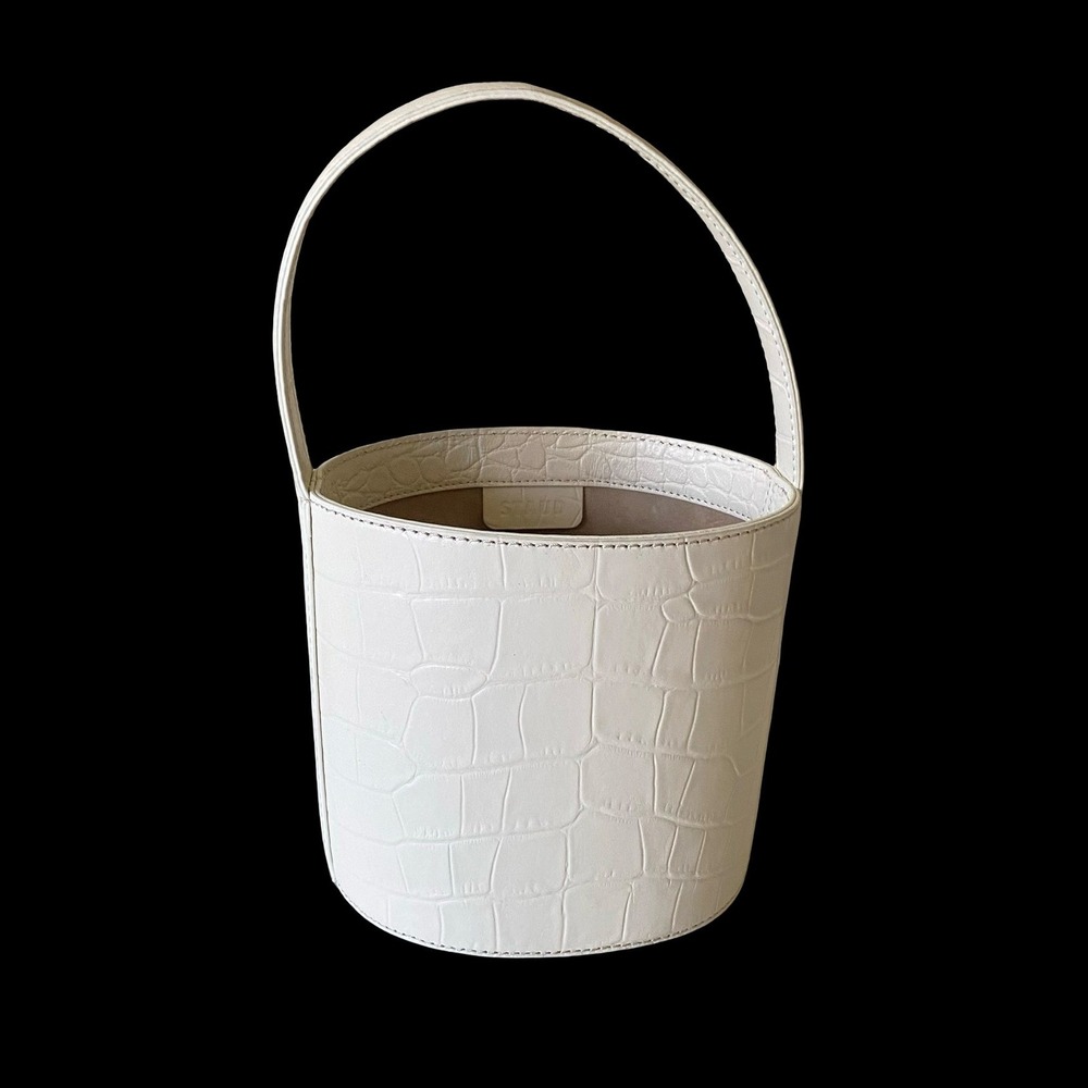Staud Bissett Bucket Bag Cream Croc Embossed Leather Structured Top Handle Bag - Picture 2 of 8